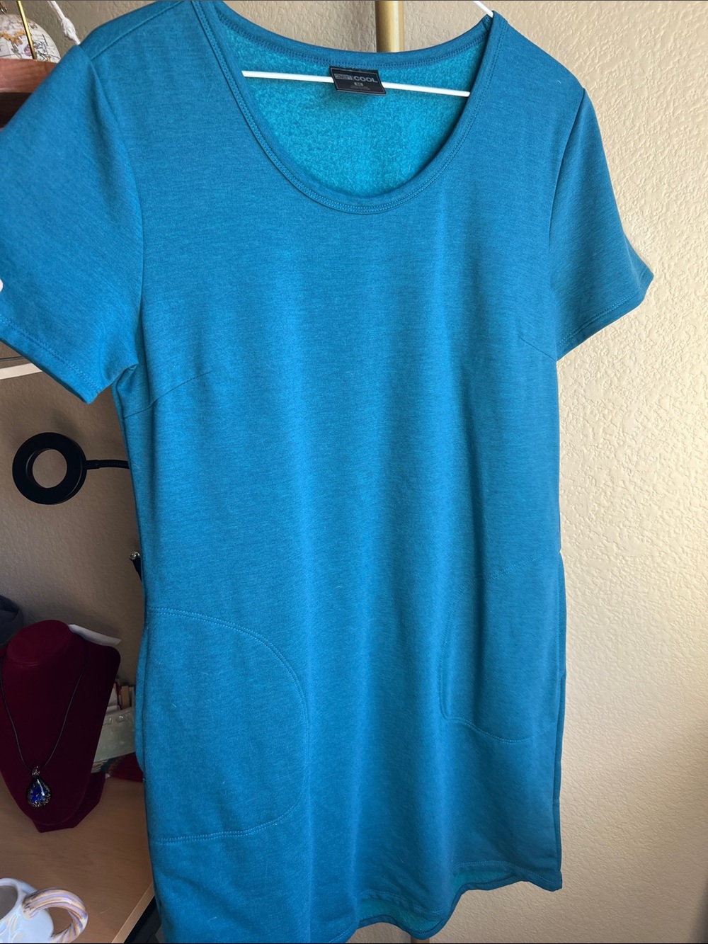Teal Blue Short Sleeve Casual cozy sweatshirt Dress pockets